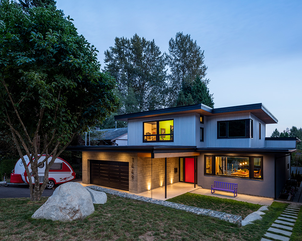Exterior of a modern home at night