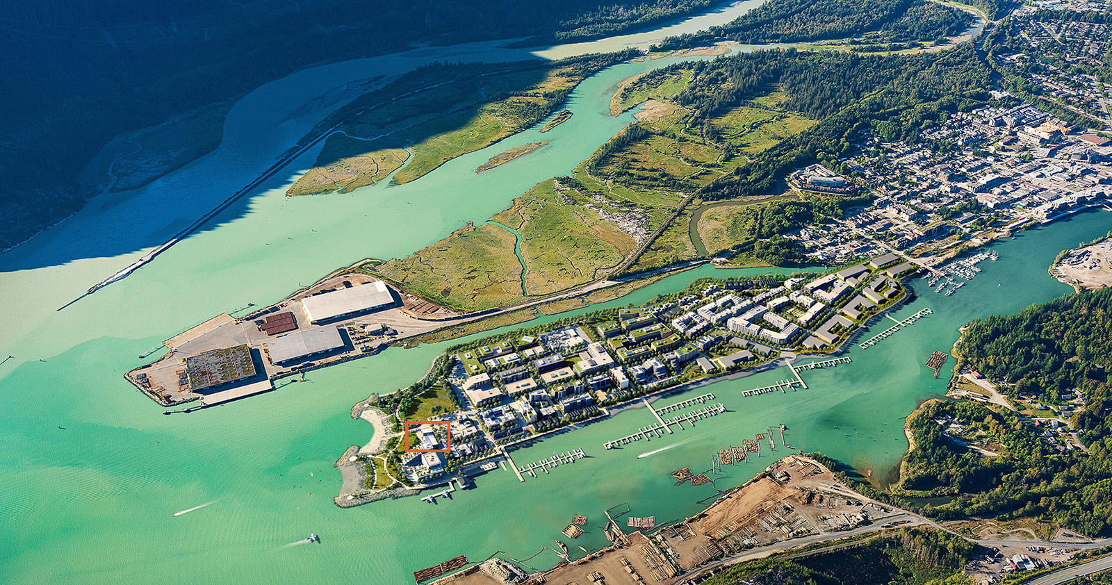 Aerial imagery of Howe Sound and the Oceanfront Squamish development