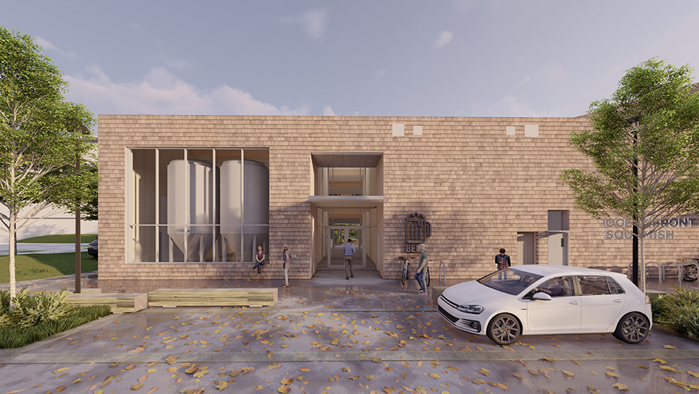 Rendering of the exterior of the new presentation centre, showing the front entrance to the brewery