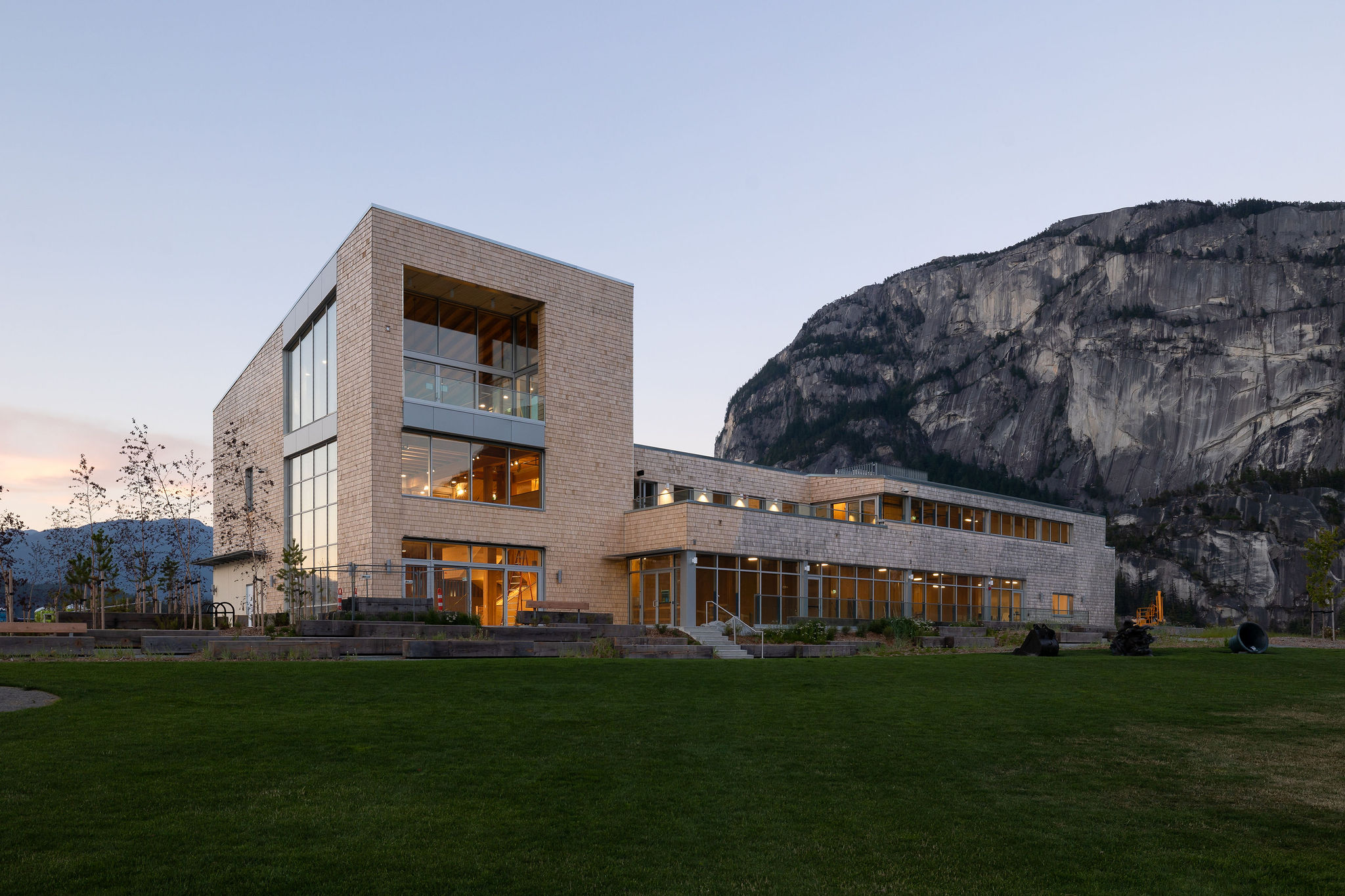 Cedar clad mass timber presentation centre by Naikoon and SLA for Matthews West in Squamish